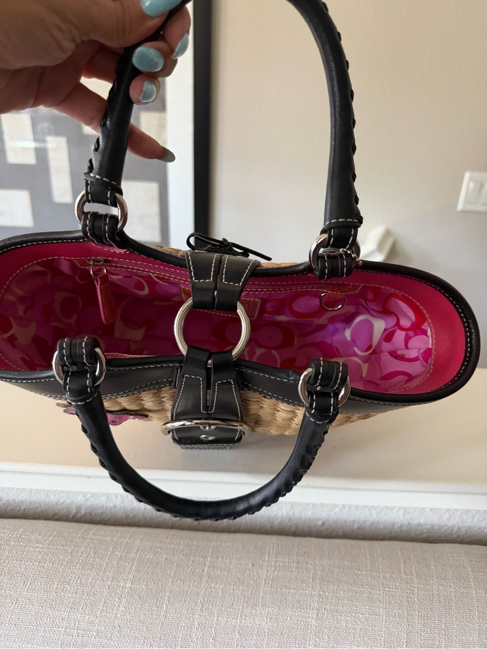 Coach Straw Tote with Black Trim and Pink Interior Accent - Picture 7 of 13